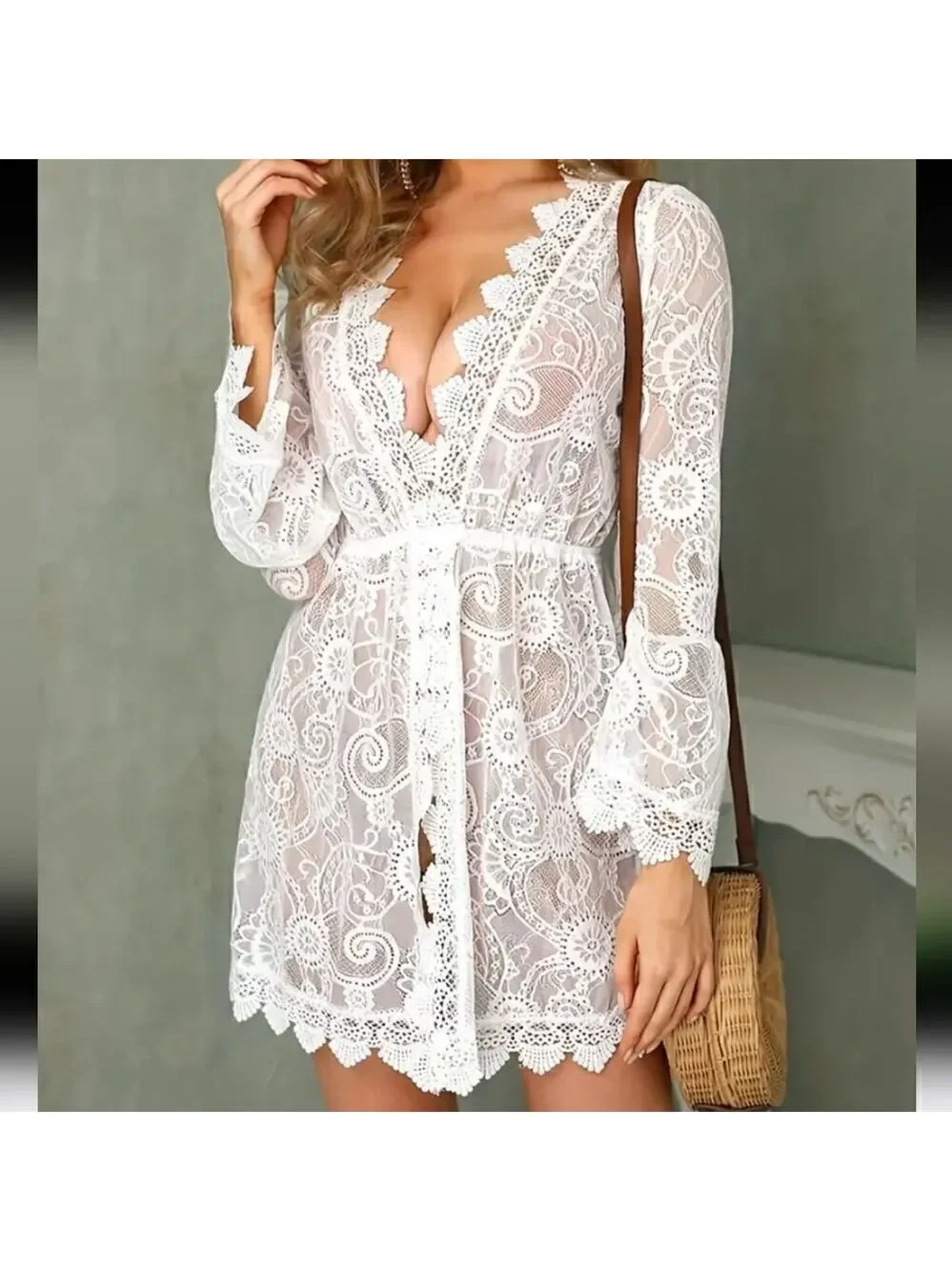 Lace Hollow Crochet Bikini Cover-ups Floral Beach Dress Beachwear Bathing Suit - Picture 9 of 12